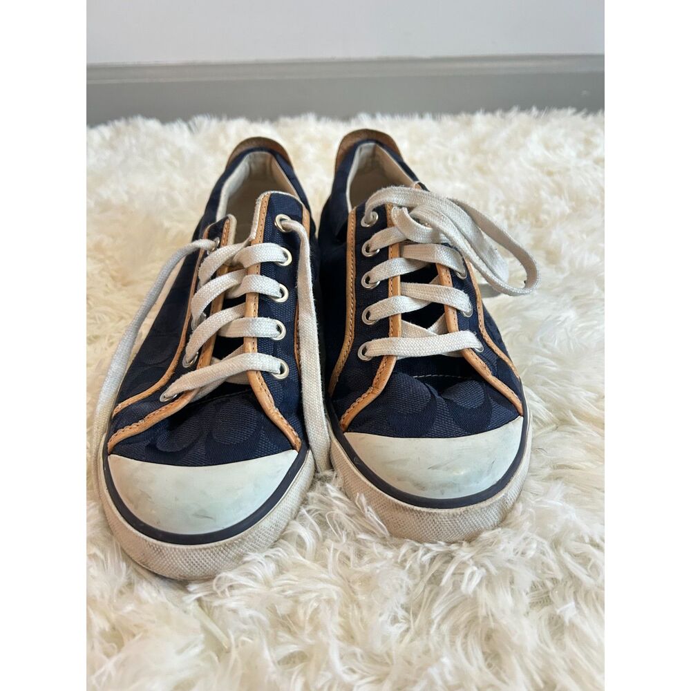 Coach Barrett Navy Blue Signature C Canvas Low Top Sneakers Womens 8.5 M Tan Tri